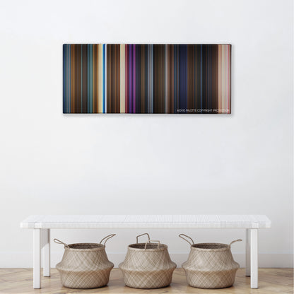 Mary Poppins Returns color palette canvas above a white bench with three woven baskets