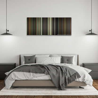 Blade: Trinity color palette canvas above a bed, between two black pendant lamps