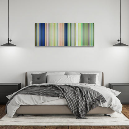 The Jungle Book color palette canvas above a bed, between two black pendant lamps