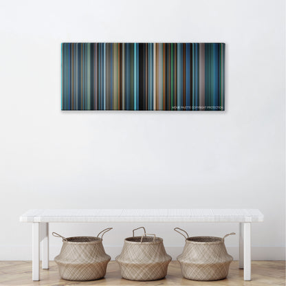 The Weather Man color palette canvas above a white bench with three woven baskets