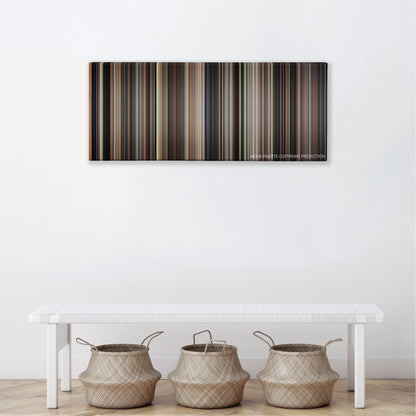 The Pelican Brief color palette canvas above a white bench with three woven baskets