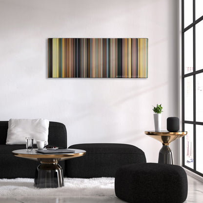 127 Hours color palette canvas above a black sofa with a gold-topped table