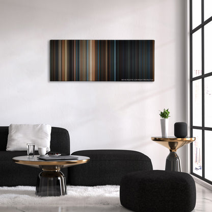 2012 color palette canvas above a black sofa with a gold-topped table
