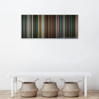 Ted color palette canvas above a white bench with three woven baskets