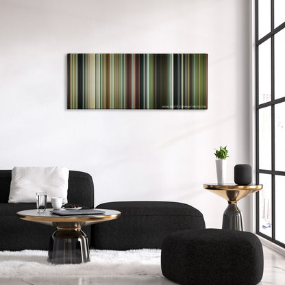 Horns color palette canvas above a black sofa with a gold-topped table