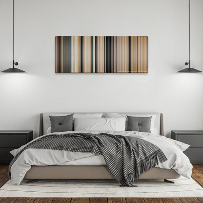 The Longest Yard color palette canvas above a bed, between two black pendant lamps