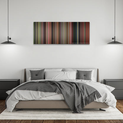 The Karate Kid color palette canvas above a bed, between two black pendant lamps