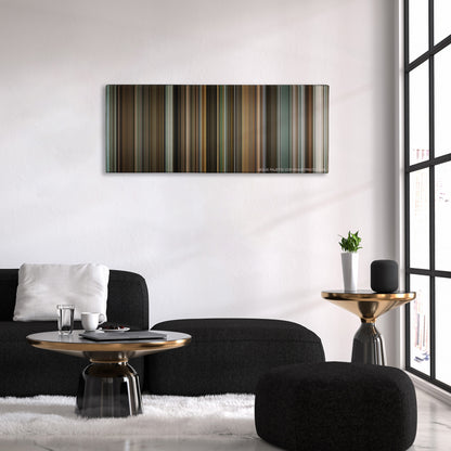 The Lives of Others color palette canvas above a black sofa with a gold-topped table