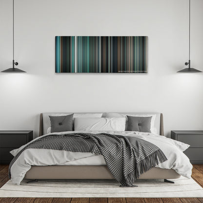 The Day the Earth Stood Still color palette canvas above a bed, between two black pendant lamps