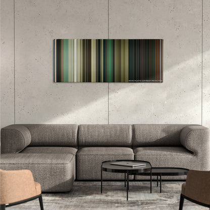 Terminator: Dark Fate color palette canvas on a concrete wall above a gray sectional sofa