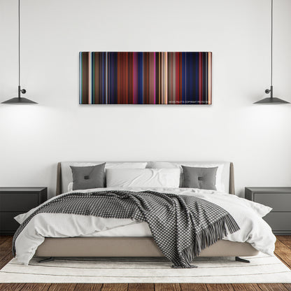 House of 1000 Corpses color palette canvas above a bed, between two black pendant lamps