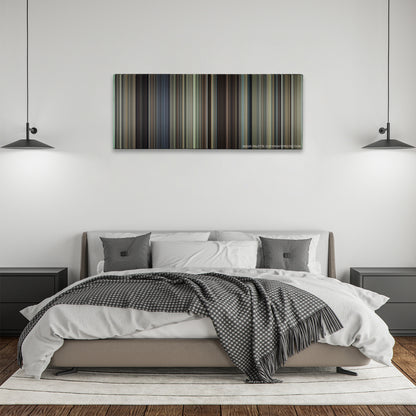 The Danish Girl color palette canvas above a bed, between two black pendant lamps