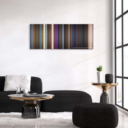 Mary Poppins Returns color palette canvas above a black sofa with a gold-topped table