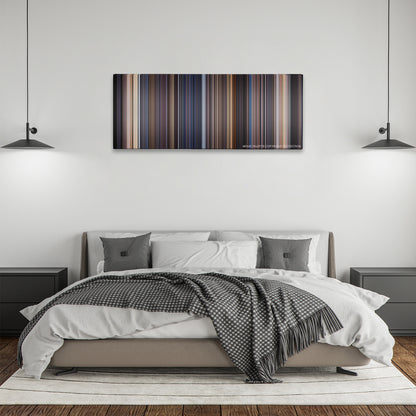 Deep Impact color palette canvas above a bed, between two black pendant lamps
