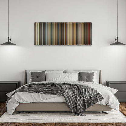 Inferno color palette canvas above a bed, between two black pendant lamps