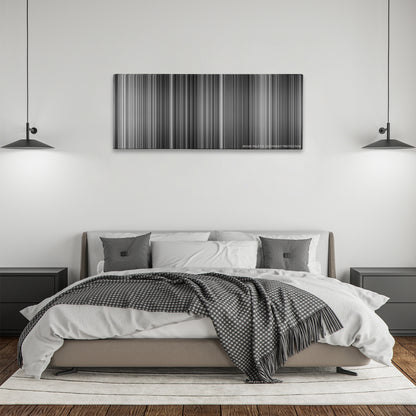 Metropolis color palette canvas above a bed, between two black pendant lamps