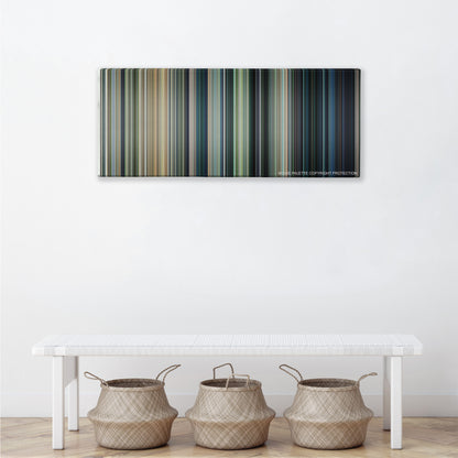 Jurassic World color palette canvas above a white bench with three woven baskets
