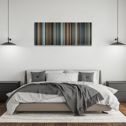 Hitman color palette canvas above a bed, between two black pendant lamps