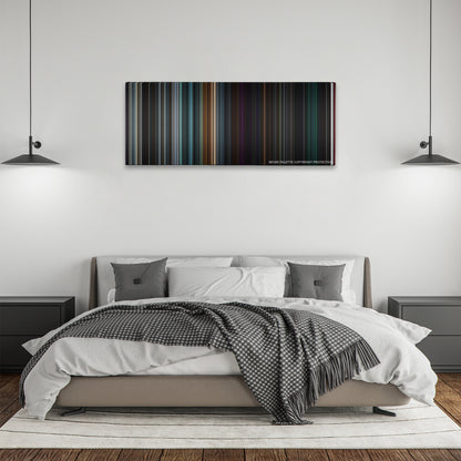 Upgrade color palette canvas above a bed, between two black pendant lamps