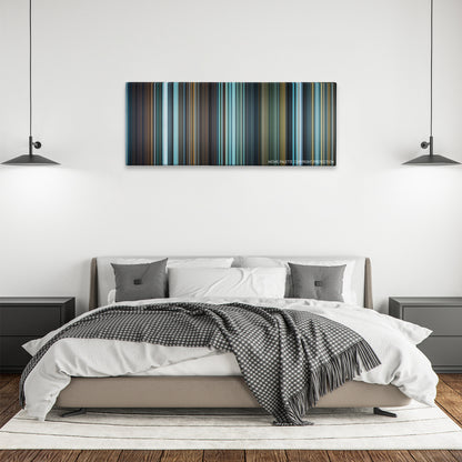 I, Frankenstein color palette canvas above a bed, between two black pendant lamps