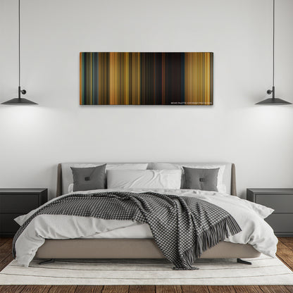 Extraction color palette canvas above a bed, between two black pendant lamps