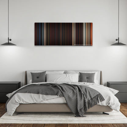 Beowulf color palette canvas above a bed, between two black pendant lamps