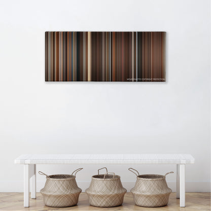 Bloodsport color palette canvas above a white bench with three woven baskets