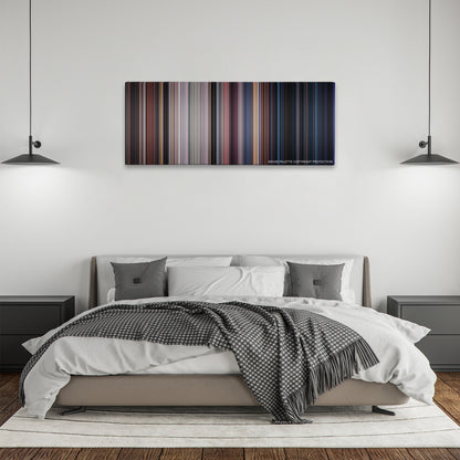 Lethal Weapon 2 color palette canvas above a bed, between two black pendant lamps