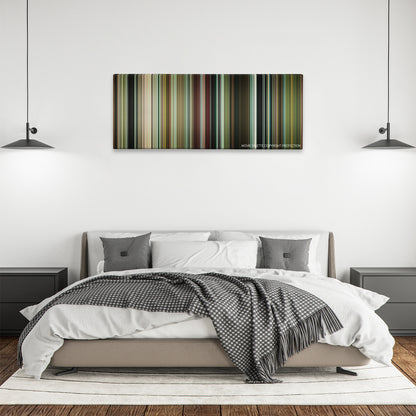 Horns color palette canvas above a bed, between two black pendant lamps
