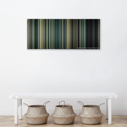 Edge of Tomorrow color palette canvas above a white bench with three woven baskets