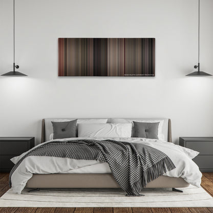 Dial M for Murder color palette canvas above a bed, between two black pendant lamps