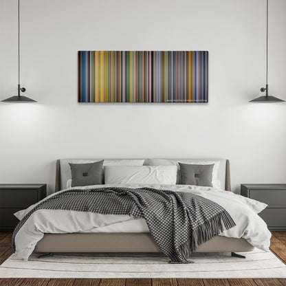 American Made color palette canvas above a bed, between two black pendant lamps