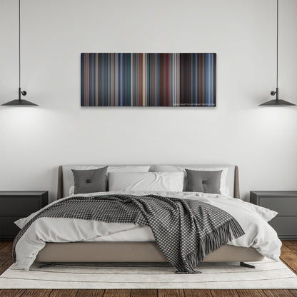 Demolition Man color palette canvas above a bed, between two black pendant lamps