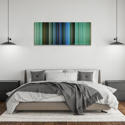 King Arthur color palette canvas above a bed, between two black pendant lamps