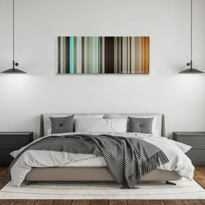 Three Kings color palette canvas above a bed, between two black pendant lamps
