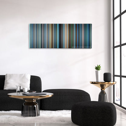 The Weather Man color palette canvas above a black sofa with a gold-topped table