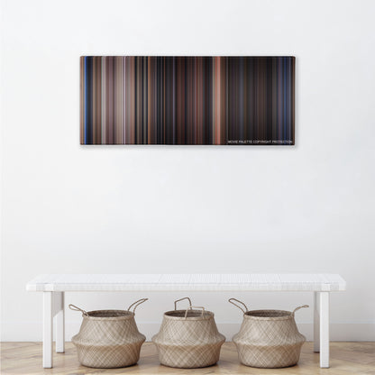Back to the Future Part II color palette canvas above a white bench with three woven baskets