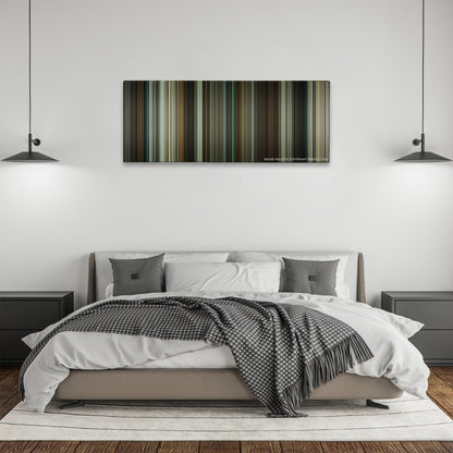 Michael Clayton color palette canvas above a bed, between two black pendant lamps