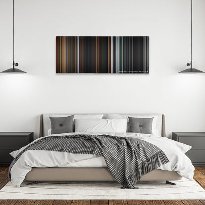 U-571 color palette canvas above a bed, between two black pendant lamps