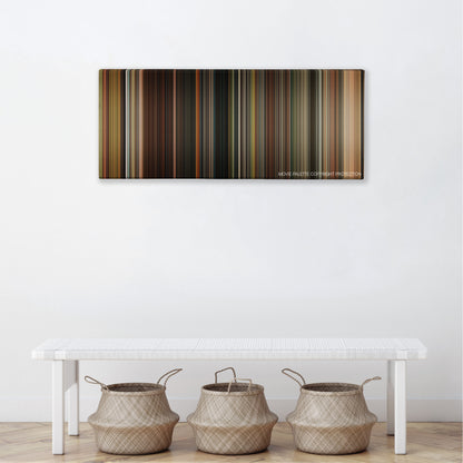 Abduction color palette canvas above a white bench with three woven baskets