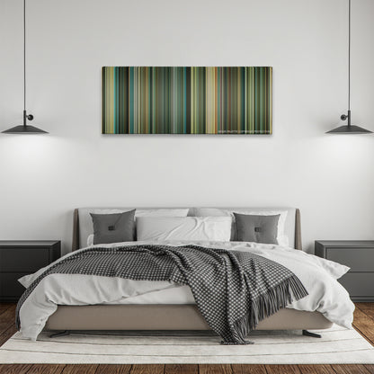 Transporter 3 color palette canvas above a bed, between two black pendant lamps