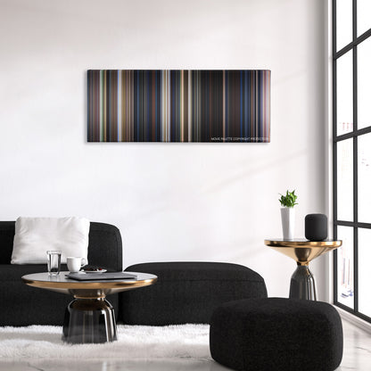 Frailty color palette canvas above a black sofa with a gold-topped table
