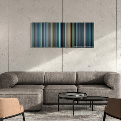 The Weather Man color palette canvas on a concrete wall above a gray sectional sofa