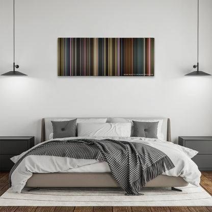 X-Men: Dark Phoenix color palette canvas above a bed, between two black pendant lamps