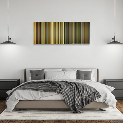 Dangal color palette canvas above a bed, between two black pendant lamps
