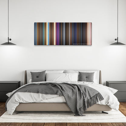 Mary Poppins Returns color palette canvas above a bed, between two black pendant lamps