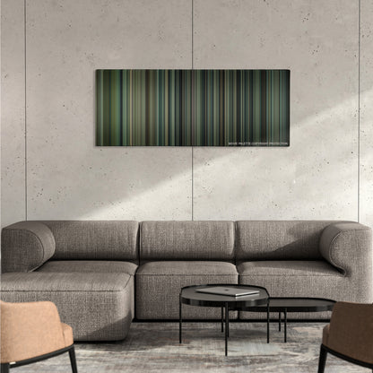 Man on a Ledge color palette canvas on a concrete wall above a gray sectional sofa