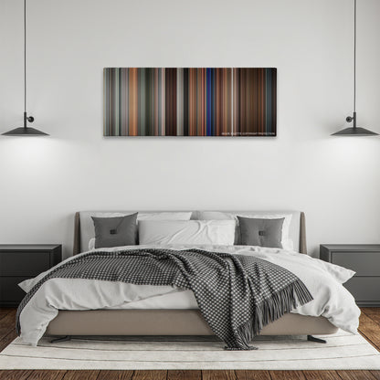 Rush Hour 3 color palette canvas above a bed, between two black pendant lamps