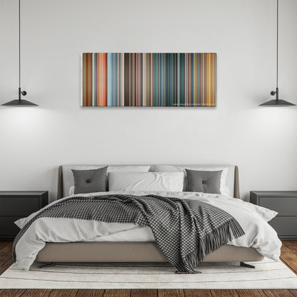 Hard Candy color palette canvas above a bed, between two black pendant lamps