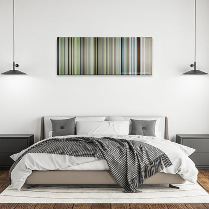 Spring, Summer, Fall, Winter... and Spring color palette canvas above a bed, between two black pendant lamps
